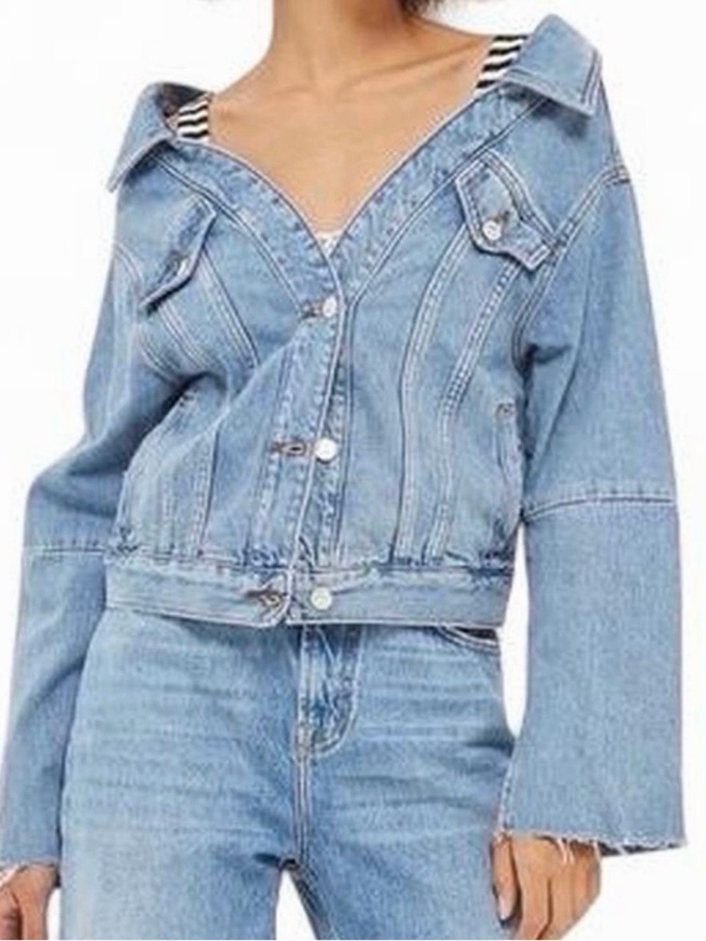 Topshop blue denim off the shoulder button up jacket